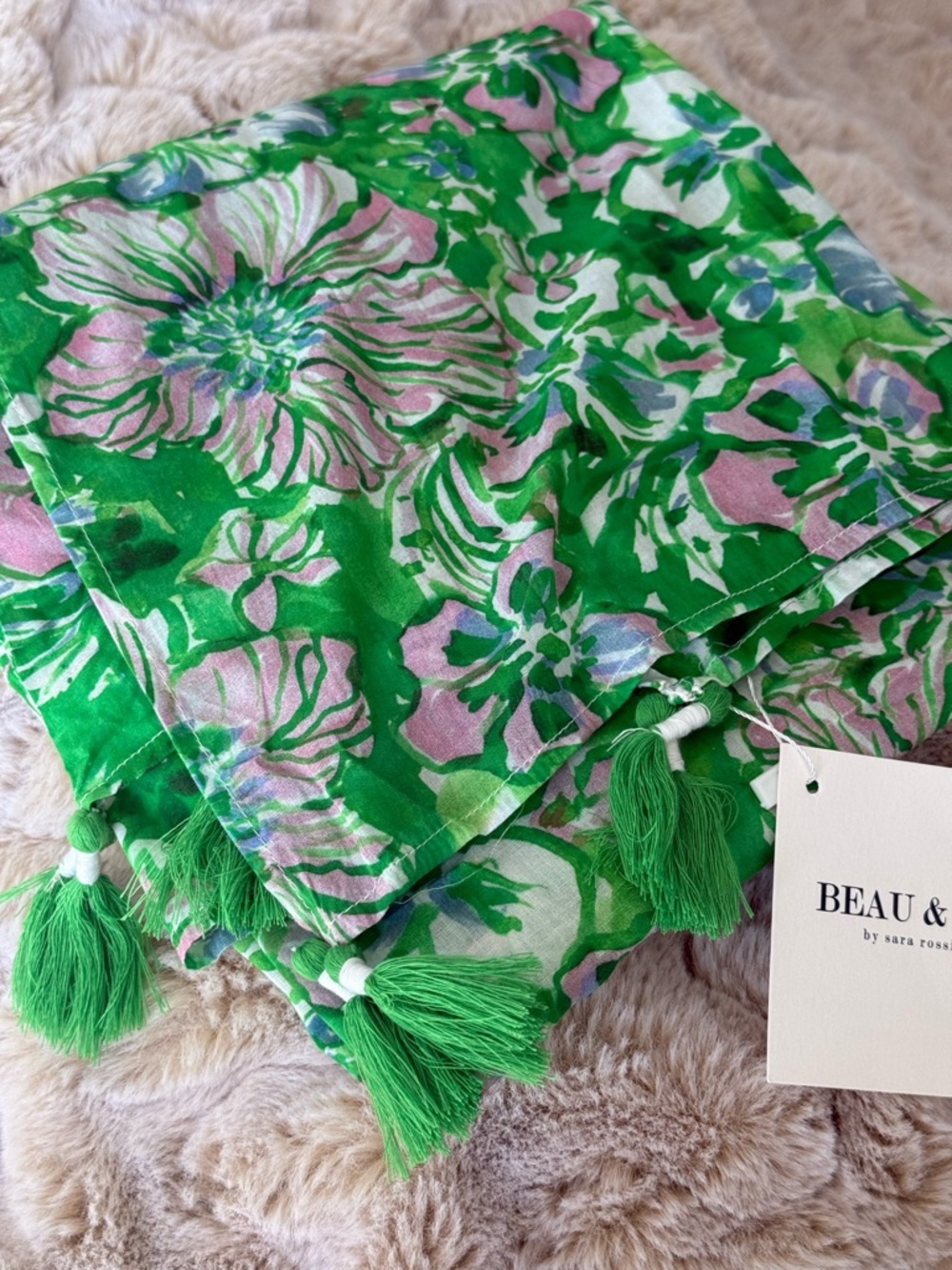 Beau & Ro Green Floral Tassel Sarong